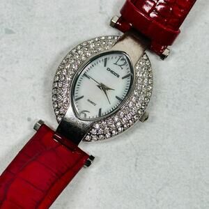 Chicos Watch Womens 32mm Rhinestone Bling MOP Dial Red Snakeskin New Battery
